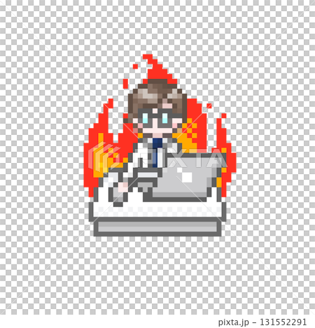 一名身穿白大褂的男子以像素風格在電腦上工作 131552291