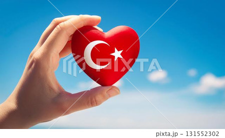手で持っているトルコの国旗のハートと青空 131552302