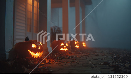 暗いポーチに並ぶ光るかぼちゃランタン 131552369