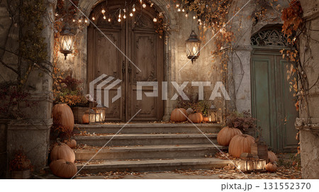 ランタンとカボチャが並ぶアンティーク玄関 131552370