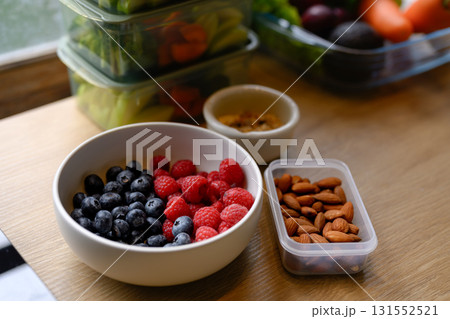 Health food raspberry and blueberry with almond and grain, Top view and copy space 131552521