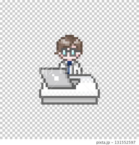 ドット絵のパソコンと白衣を着た男性 131552597