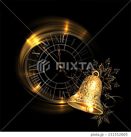 Merry Christmas. Isolated round clock with golden bell 131552605