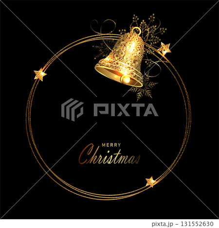 Merry Christmas. Isolated round frame with golden bell 131552630