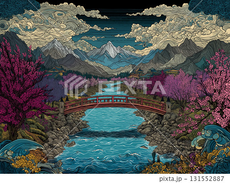 冠雪の北アルプスと満開の桜　イラスト 131552887