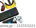 Collection of gaming accessories including headset, controller, keyboard, and VR gear on white background with clipping path 131553221