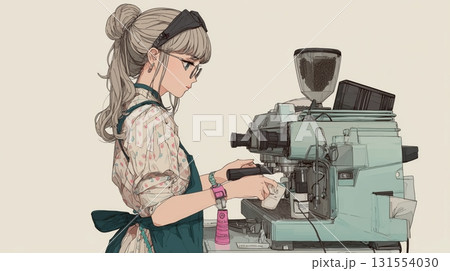 コーヒーマシンを操作するバリスタ風少女イラスト コーヒーマシンを操作するバリスタ風少女イラスト 131554030