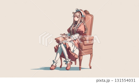 クラシカルな椅子に座る読書少女イラスト 131554031