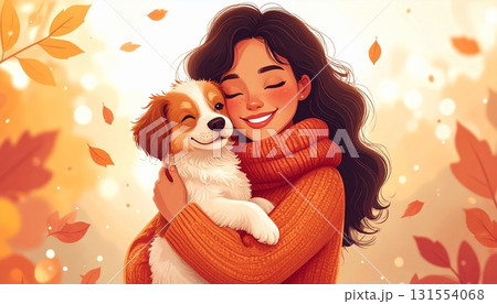 犬と女性の秋の抱擁 131554068