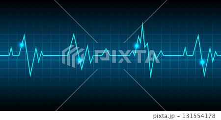 Illustration of Emergency ekg monitoring. Blue Glowing Neon Heart Pulse. Heartbeat. Dark Blue Background with a Grid. Vector Illustration. All in a single layer. 131554178