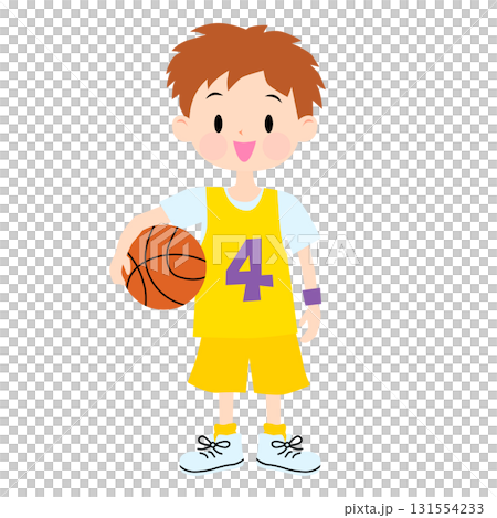 A boy wearing a yellow uniform holding a basketball 131554233