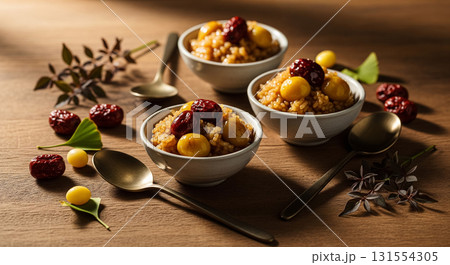 Bowls of Korean Yakbap with Jujube and Ginkgo Nuts 131554305
