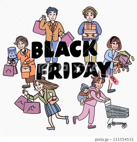 black friday sale shopping flat design vector cute cartoon crowd illustration for discount promotion and holiday retail marketing 131554515