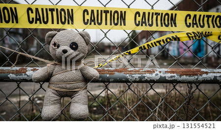 Damaged Teddy Bear Tied to Fence with Caution Tape 131554521