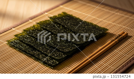 Roasted Seaweed with Chopsticks on Bamboo Mat Roasted Seaweed with Chopsticks on Bamboo Mat 131554724