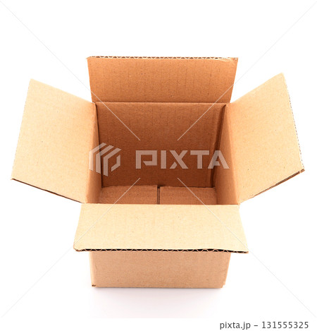 Open corrugated cardboard box for mailing, on white background, top view Open corrugated cardboard box for mailing, on white background, top view 131555325