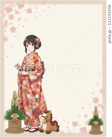 コピースペースを設けたお正月イラスト。和服の女子高生と門松。そして干支の馬のぬいぐるみ。 131555456