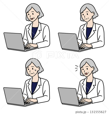 PC作業する白衣のシニア女性 表情セット 131555627
