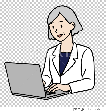 Senior woman in a white coat working on a PC (smile) 131555630