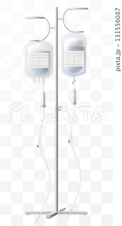 Medical drip system with bag on tube isolated on transparent background. IV Blood Bag Dropper Stand. Laboratory equipment for blood transfusion. Realistic 3D vector illustration. 131556087