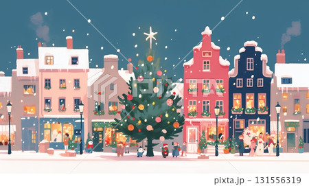 イルミネーションが彩るホワイトクリスマスの都会（ポップでキュートな表現）