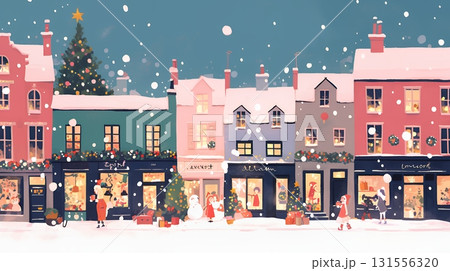 イルミネーションが彩るホワイトクリスマスの都会（ポップでキュートな表現）