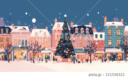 イルミネーションが彩るホワイトクリスマスの都会（ポップでキュートな表現）