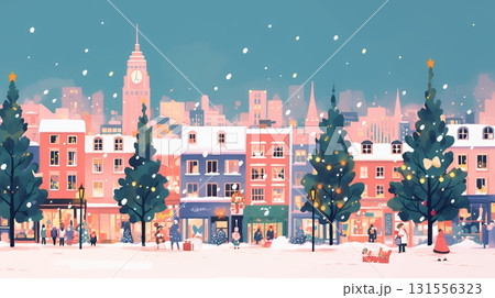 イルミネーションが彩るホワイトクリスマスの都会（ポップでキュートな表現）