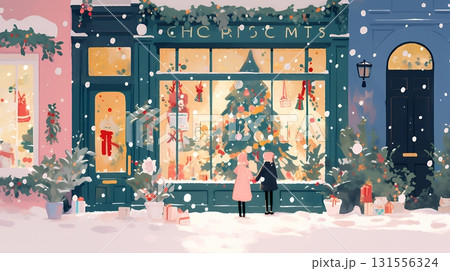 イルミネーションが彩るホワイトクリスマスの都会（ポップでキュートな表現）