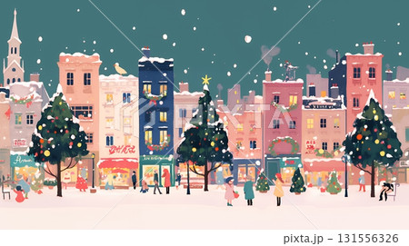 イルミネーションが彩るホワイトクリスマスの都会（ポップでキュートな表現）