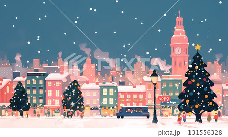 イルミネーションが彩るホワイトクリスマスの都会（ポップでキュートな表現）