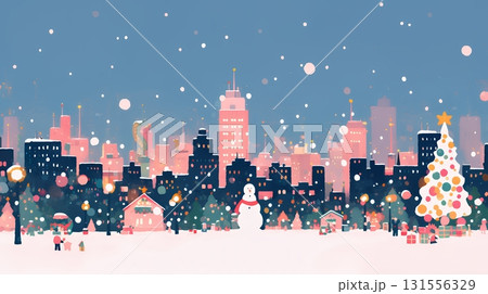 イルミネーションが彩るホワイトクリスマスの都会（ポップでキュートな表現）