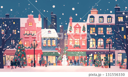 イルミネーションが彩るホワイトクリスマスの都会（ポップでキュートな表現）