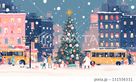 イルミネーションが彩るホワイトクリスマスの都会（ポップでキュートな表現）