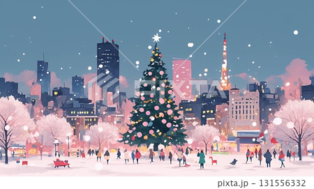イルミネーションが彩るホワイトクリスマスの都会（ポップでキュートな表現）