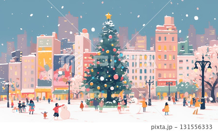 イルミネーションが彩るホワイトクリスマスの都会（ポップでキュートな表現）