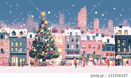 イルミネーションが彩るホワイトクリスマスの都会（ポップでキュートな表現）