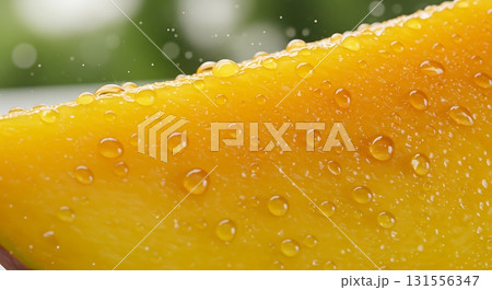 Juicy mango slice glistening with fresh water droplets, capturing vibrant tropical essence for refreshing summer campaigns Juicy mango slice glistening with fresh water droplets, capturing vibrant tropical essence for refreshing summer campaigns 131556347