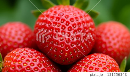 Vibrant macro shot capturing the juicy texture and deep red hue of ripe strawberries, evoking fresh summer flavors and healthy eating desires. 131556348
