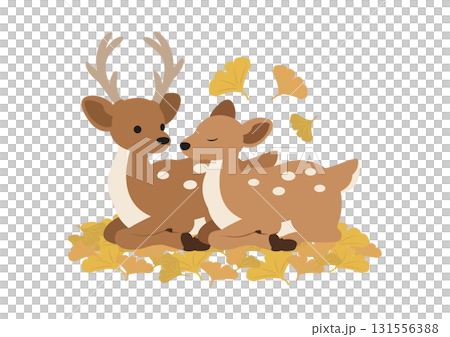 イチョウの葉の上で寄り添う鹿のかわいいベクターイラスト素材 131556388