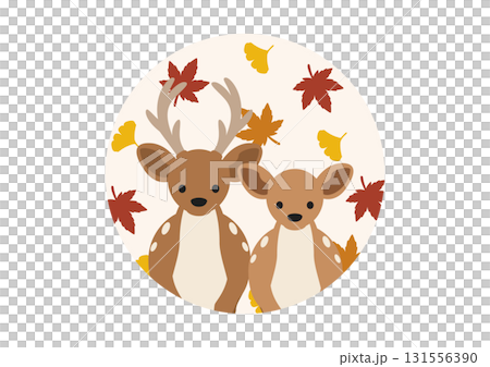 紅葉とイチョウに囲まれたかわいい鹿のベクターイラスト素材 131556390
