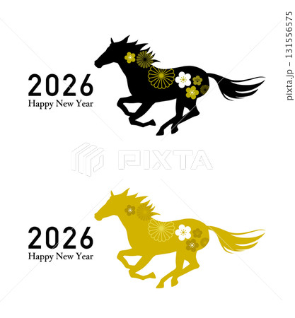 午年の年賀状素材　馬のシルエットと伝統模様セット 131556575