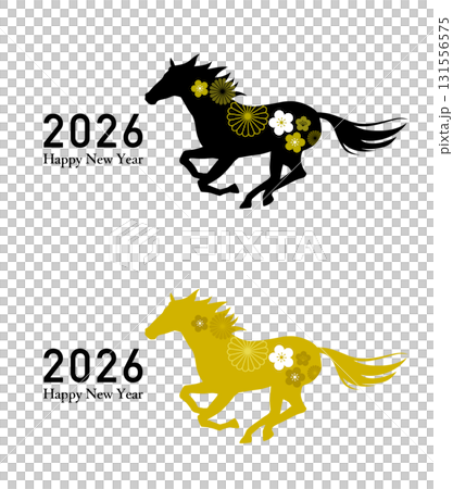 午年の年賀状素材　馬のシルエットと伝統模様セット 131556575