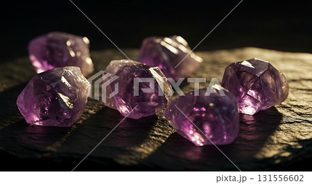 Stunning raw amethyst crystals glimmer under dramatic lighting, showcasing their natural facets and deep purple hues on a dark slate surface. 131556602