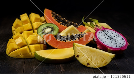 Vibrant tropical fruit medley, including juicy mango, papaya, kiwi, pineapple, and dragon fruit, artfully arranged on a dark wooden surface for a refreshing culinary display. 131556611