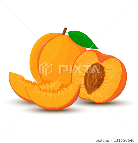 An image of a peach from different directions. Vector illustration in a flat style. Whole, half and sliced peach with bone. 131556640