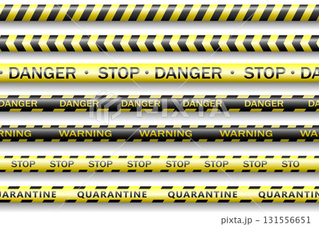 Protective tape, quarantine, warning, danger ribbon realistic. Coronavirus 2019-nCOV, realistic seamless yellow and white security tapes. Global pandemic of COVID-2019. Protective tape, quarantine, warning, danger ribbon realistic. Coronavirus 2019-nCOV, realistic seamless yellow and white security tapes. Global pandemic of COVID-2019. 131556651