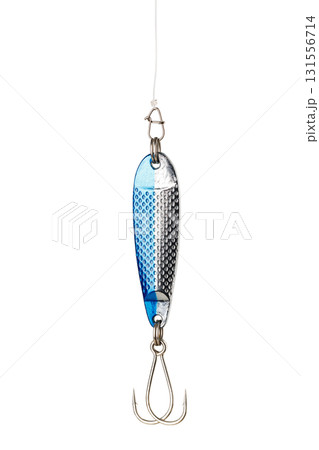 Fishing lure hanging on a fishing line on white background 131556714