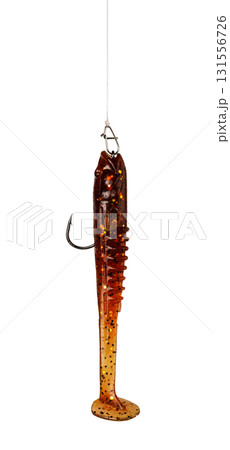 Brown soft plastic fishing lure hanging on a fishing line Brown soft plastic fishing lure hanging on a fishing line 131556726