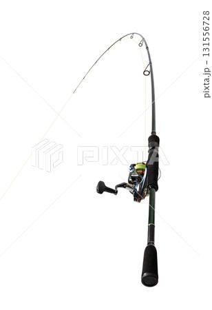 Fishing rod bending under tension on white background 131556728